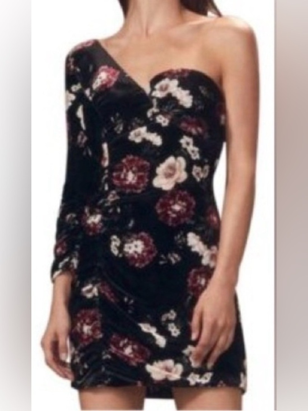 NWT NICHOLAS Black Floral Printed Velvet One Shoulder Mini Dress Size 0